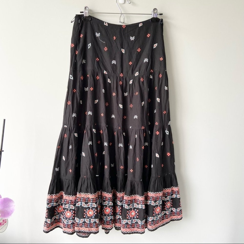 French Connection Floral Embroidered Tiered Boho Maxi Skirt
